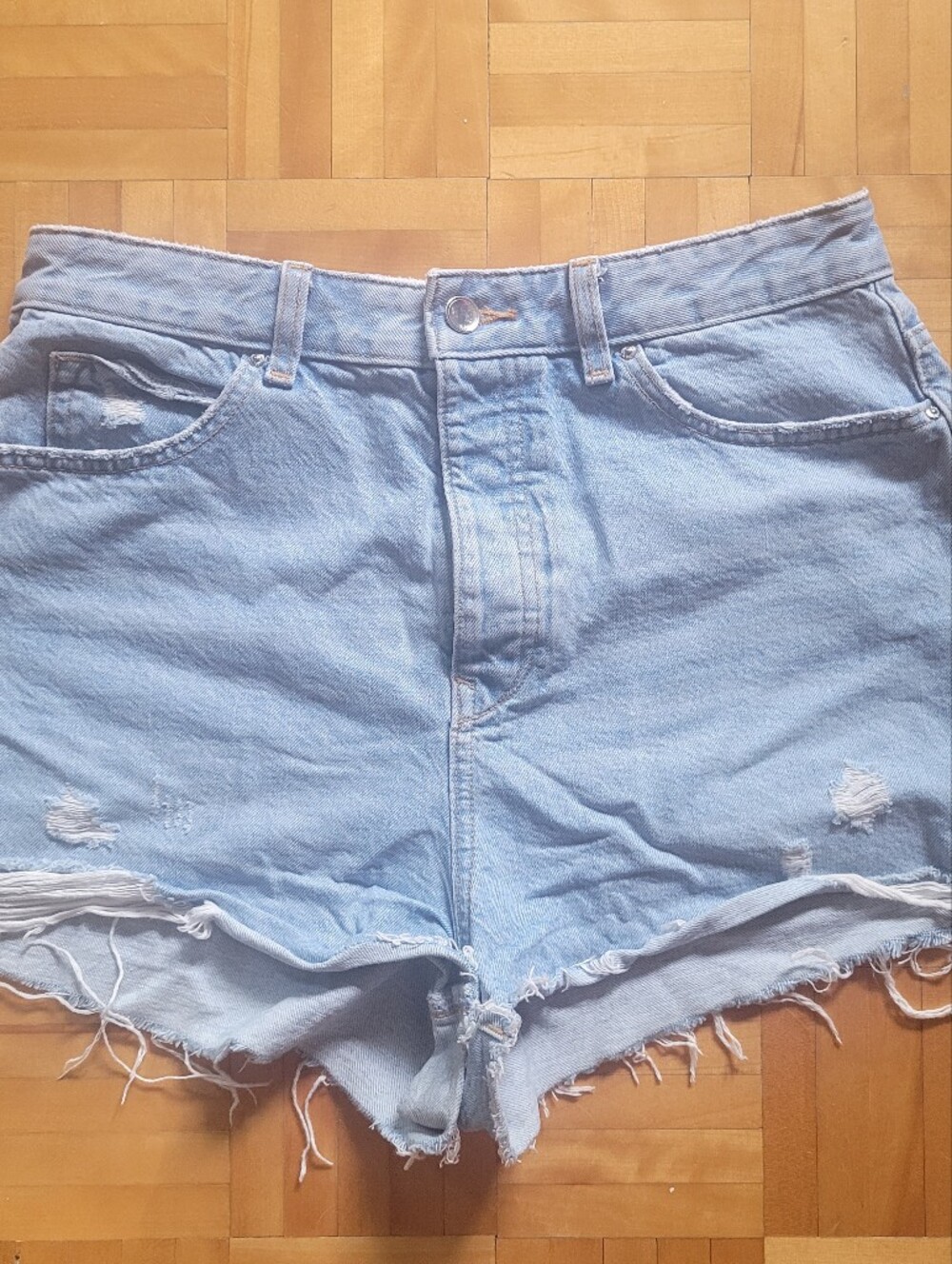 Zara Light Blue Distressed Denim Shorts